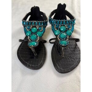 Shiekh Womens Black Croc Turquoise Beaded Gladiator Thong Sandals Size 5